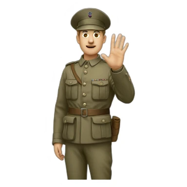 A man in a soldier suit from world war one raising their right hand vertically to around 45 degrees.all of his fingers are pointing forward sticker