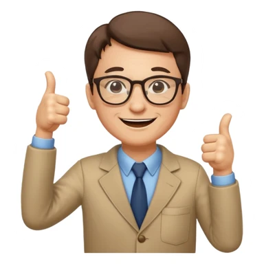 un PROFESOR que este parado con sus lentes guiñando el ojo y CON LAS MANOS HACIA ARRIBA DANDO LIKE sticker
