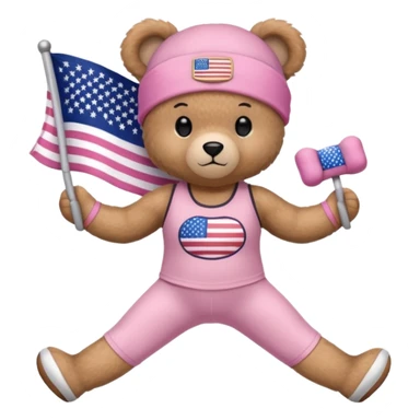 osito de peluche cafe claro con ropita rosa claro y estapado de la bandera de usa y otro con una liga de pilates en la cabeza y con ropa deportiva sticker