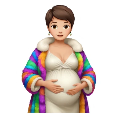 pregnant stylish woman with short pixie brunette hair happily touching her big belly while wearing white gown and fancy fur coat and colorful shades sticker
