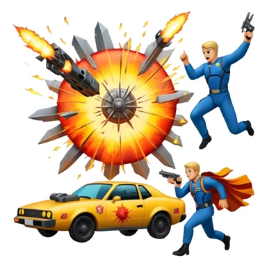 Icon for Action Movies Collage: Collage of iconic action movie elements, including explosions, a hero with weapons, a high-speed chase, and dramatic fight scenes. The design should be dynamic, colorful, and full of energy, capturing the essence of action films. Transparent background. sticker