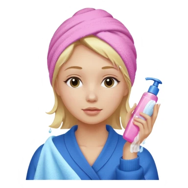 A girl grabbing a pink serum with a towel in blonde hair with a white shower towel in her hair with skincare on her face dressed in a blue sweater sticker