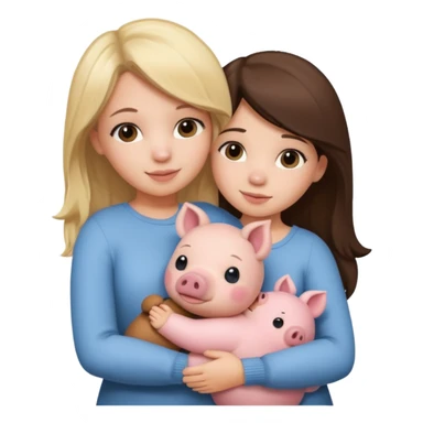Girlfriends, blonde and brunette, hugging a teddy bear and a little pig sticker