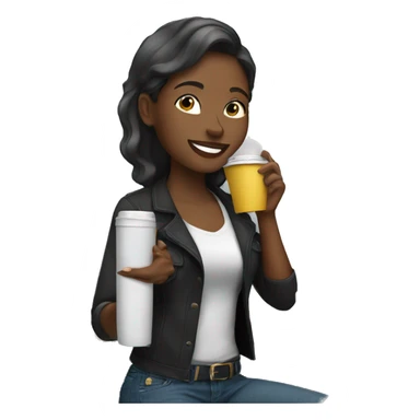 African American female talking on cellphone and holding a coffee wearing black shirt and jeans  sticker