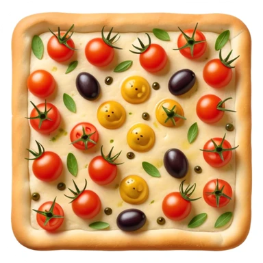 cinematic-realistic-focaccia-bread-dish-emoji,-depicted-as-a-golden,-olive-oil-brushed-flatbread-sprinkled-with-herbs-rendered-with-lifelike-texture-and-soft,-appetizing-lighting showing olives on top and the cherry tomatoes sticker