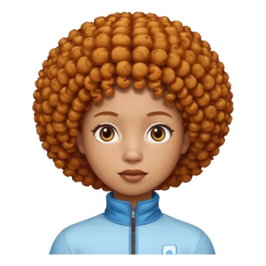 Create an iOS-style emoji of Ice Spice. Neutral facial expression, front-facing head only. Curly ginger short afro hairstyle. Clean Apple emoji style, smooth shading, simple shapes, plain background. sticker