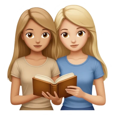 two beautiful girls in beige tops reading a beautiful vintage book. one is brown-haired, the other is blonde. both have long hair with sticker