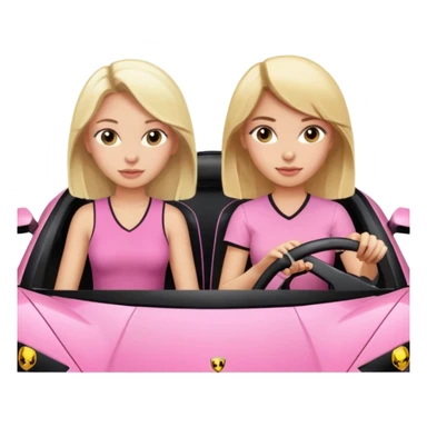 Car facing forward in pink sports car. The best friend girls are but smiling but very pretty, just neutral expression. One girl is blonde, one girl is brunette. Front of car sitting in the seats. Make it a pink sports car. They are two baddies make it a Lamborghini pink car  sticker