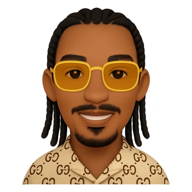 Create an emoji style smiley with a thin face, slightly lighter skin tone, chin-only beard, mustache only above the upper lip (no beard or mustache below the lower lip), very detailed black braided hair as shown in the reference photos, rectangular golden sunglasses, beige top with GG pattern and visible collar, faithful to the photo details, on a transparent background. sticker