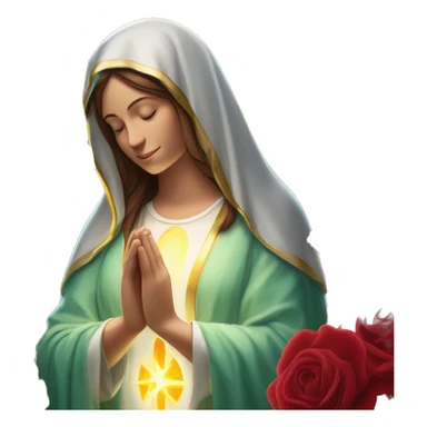 Virgin Mary: kind face looking down at the left, long brown hair, Wearing an emerald green  robe with gold stars and a burgundy red dress,  Hands in prayer or blessing. Halo around her head. standing in front of a big sun. colorful roses on the sides  sticker