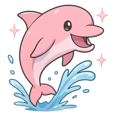 Resize to 128x128 pixels. Pink dolphin enjoying swimming with water effects and a big smile. Keep background transparent. Render in anime style. sticker