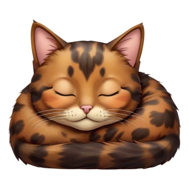 Meme-Worthy Cute Sleeping Tortoiseshell Cat Portrait Emoji, Head resting with a serene, sleepy smile and softly closed, dreamy eyes, showcasing a warm, mottled fur of rich browns and blacks, simplified yet adorably detailed, glowing with a gentle, drowsy radiance, high shine, exuding relaxed, heart-melting charm, styled with a soft glowing outline, capturing the essence of a sleeping tortoiseshell cat that radiates pure, peaceful cuteness! sticker