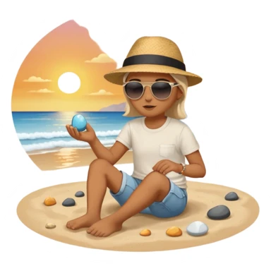 Someone sitting on the ground in the Beach close to the water and throws stone at the water and it's a sunset sticker