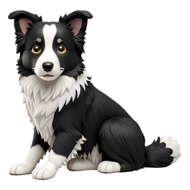 cinematic-[border collie dog]-realistic-full-body-sitting-emoji,-tail-resting-loosely-beside-its-paws,-head-tilted-dramatically,-scruffy-[black and white]-fur,-simplified-yet-realistic-focused-features,-highly-detailed,-glowing-with-an-almost-sarcastic-glow sticker