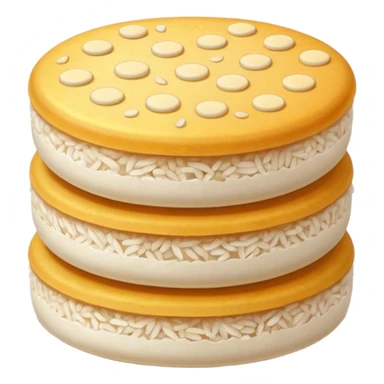 round airy rice cake with lightly puffed bubbled texture, pale off-white color, slightly uneven surface with hints of toasted golden grains, small stack or single crisp, light crunchy appearance, soft lighting, subtle shadows, emoji scale sticker