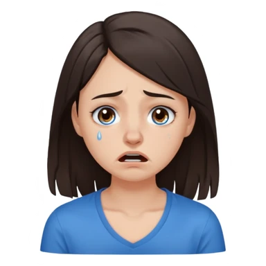 white young curly long hair girl, dark brown hair, with a blue shirt, in despair crying, brown eyes, septum nose piercing sticker