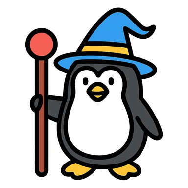 penguin wizard with a staff and wizard hat, color outline icon sticker