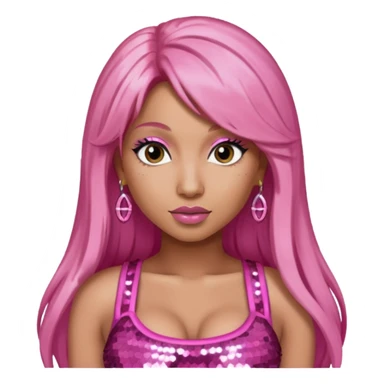 Nicki Minaj with long pink hair, pink sequin crop top, dark brown eye sticker