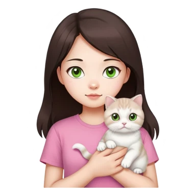This Chinese girl has fair skin. She has long dark brown hair and is wearing a pink T-shirt. She is holding a white Scottish Fold cat, her cat has light green eyes sticker