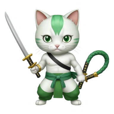 un gato blanco con reeferencia a roroa zoro "una espada en cada mano y una en la boca sticker