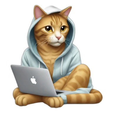 cat with hoodie and a macbook sticker