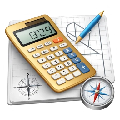 An icon featuring mathematical formulas, a calculator, geometric shapes, and the golden ratio with calculations, symbolizing mathematics. The design includes a compass, a ruler, and a graph, representing the study of numbers, equations, and spatial relationships. Transparent background sticker