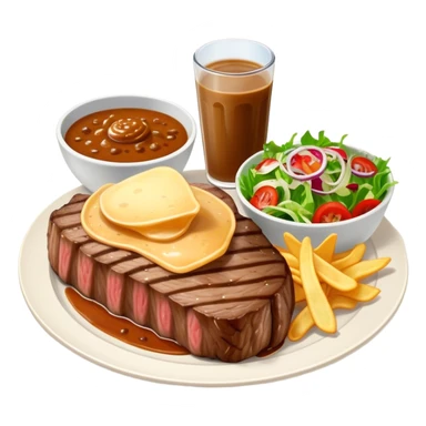 big juicy australian steak meal featuring chips, small salad in a ramikan and gravy in a small bowl on the plate sticker