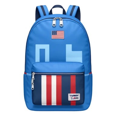 simple blue backpack, at the bottom pocket there is a  one tommyjeans logo featuring a Tommy Jeans-inspired logo. The logo looks like a vertically-striped American flag in red, white. The flag stripes are vertical, not horizontal. Flat

 sticker