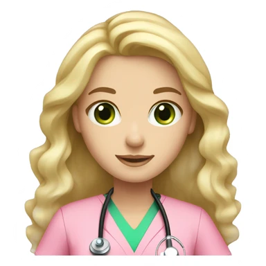 pale blonde girl with long wavy hair and green eyes wearing pink scrubs and stethoscope  sticker