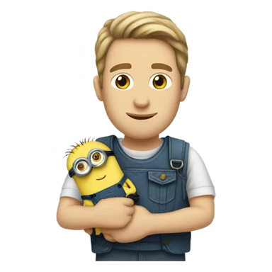 white male, brown eyes holding between his arms a minion with green eyes sticker