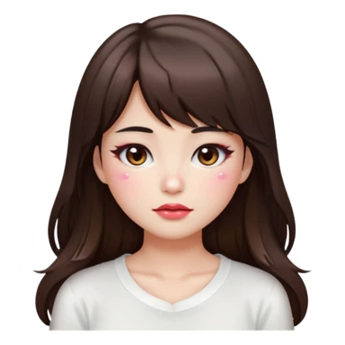 “japanese style Emoji brunette girl long hair with side bangs white top, dewy skin, heavy blush across cheeks and nose bridge, glossy cherry lips, soft eyeliner, teary sparkling eyes sticker