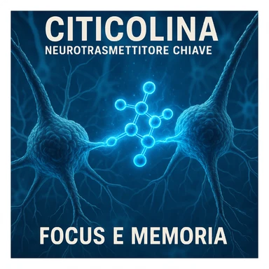 Citicolina come neurotrasmettitore chiave, iper realistico, molecola blu che collega neuroni con energia, scritta 'Focus e memoria', atmosfera positiva, dettagli realistici sticker