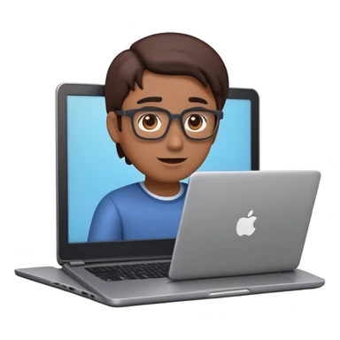 A dark-colored laptop with the screen open. From the screen, a person is emerging, giving a lecture or teaching. The person should look expressive and in a teaching pose. Soft shadows, semi-3D emoji style, clean background. video course sticker
