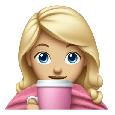 a blonde girl with blue eyes drinking coffee with a pink blanket around her shoulders sticker