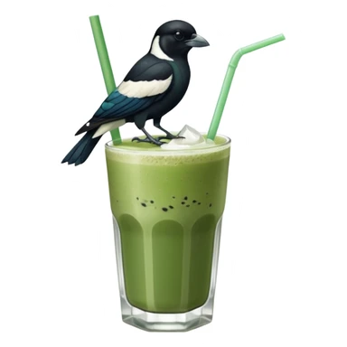 It’s an Australien Magpie sitting on an iced matcha latte on the edge of the glass. It has green matcha on its beak indicating it drank. The iced matxha latte is in a see through glass and white from the oat milk on the bottom and green on top…and there is a straw in the drink and ice cubes sticker