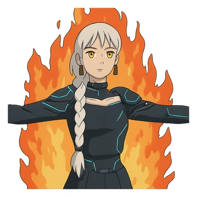  young woman with gold yellow eyes, white hair, long braid, black off-shoulder top, punk gothic style, futuristic cyberwave cyberpunk,, she is calmly t-posing in front of a raging fire sticker