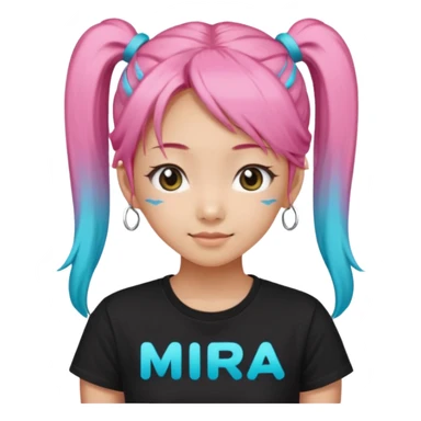 a girl wearing a black t shirt with cyan letters'mira', brave and smart face, narrow eyes, korean girl, small grin,half up half down look with two diagonal pigtails, long pink hair sticker