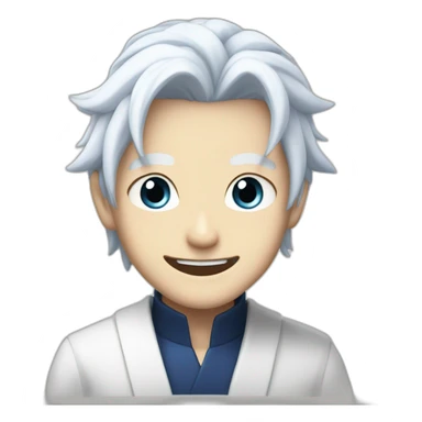 Satoru Gojo with his blue eyes,long medium white hair and a big friendly smile sticker