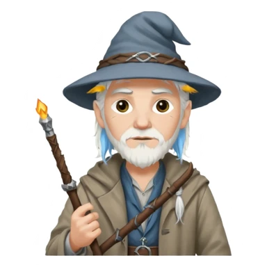 A punk guy with white hair, wearing a hat, holding a Gandalf staff and an AK-47 sticker