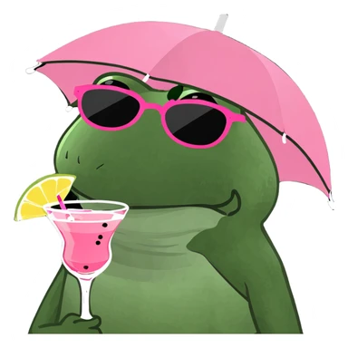 bufo frog with an umbrella hat, wearing sunglasses, holding a pink cocktail sticker