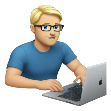 man looks 35 classes, european, tech nerd love , blue shirt blond short hair, blue eyes with specs behind macbook on with electronics pcb on the desk sticker