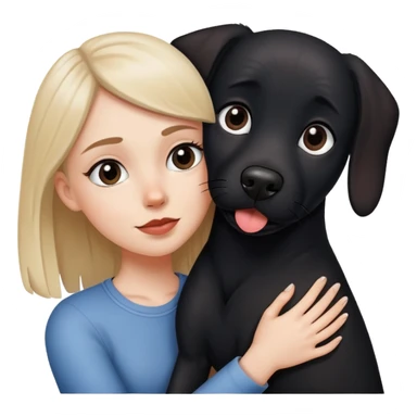 A white girl hugs a black dog with a little white on the corner of its mouth sticker