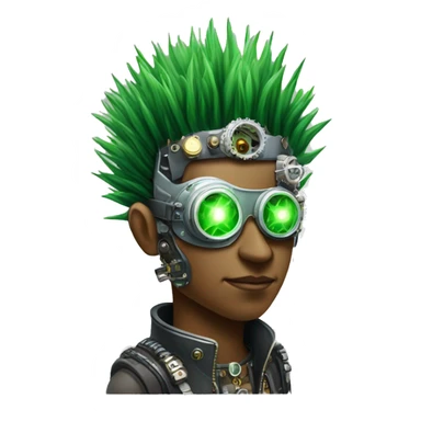 Green Mohawk hair male cyborg head with white steampunk goggles and circuits sticker