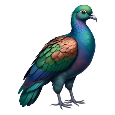Nicobar pigeon with iridescent blue, green and copper-colored plumage, distinctive white tail sticker