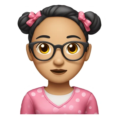 "An Asian girl with her hair styled in two side buns, wearing glasses, dressed in a pink dress, and with red spots on her face." sticker