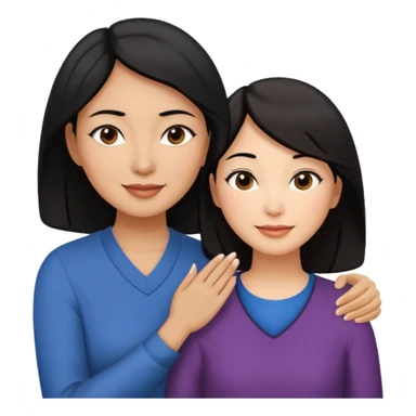 Middle aged brown woman with black hair, beside a middle aged asian woman with dark brown hair touching their cheek sticker
