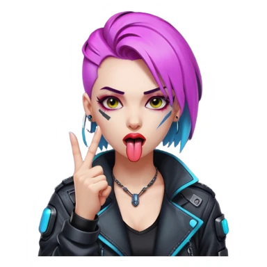 Woman with her tongue out in cyberpunk clothing and giving the middle finger. Looking naughty. sticker