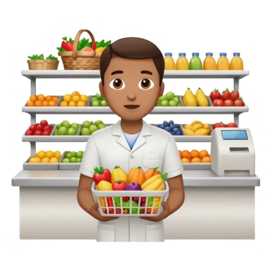 Supermarket employee at a cash register, full body, serving a man surprised sticker