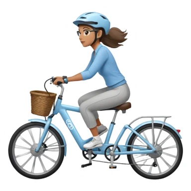 A women who rides a gray e bike with a light blue bike trailer for kids.  sticker