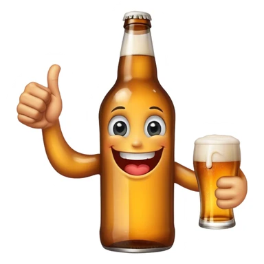 A beer bottle with a big smile and expressive eyes giving a BIG thumbs-up sticker